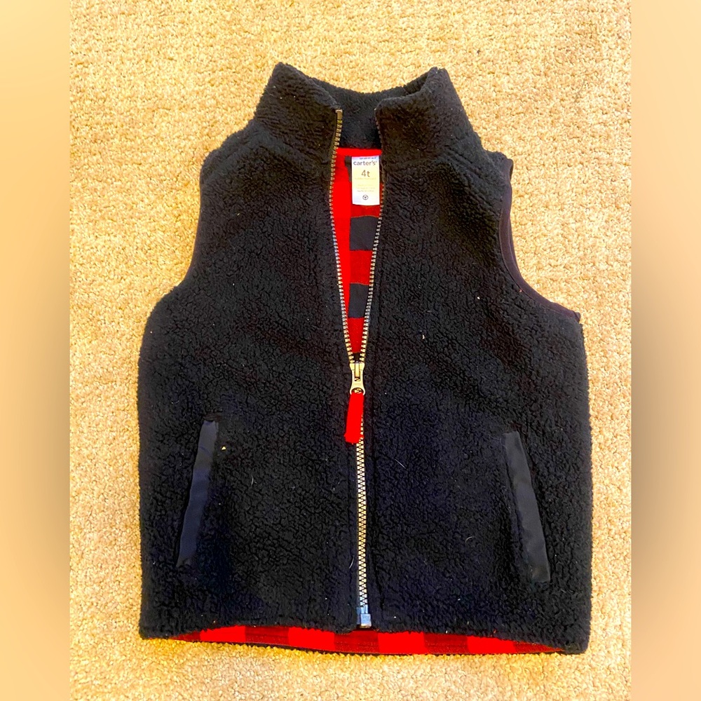 Kids fuzzy fall vest with red and black gingham plaid!!